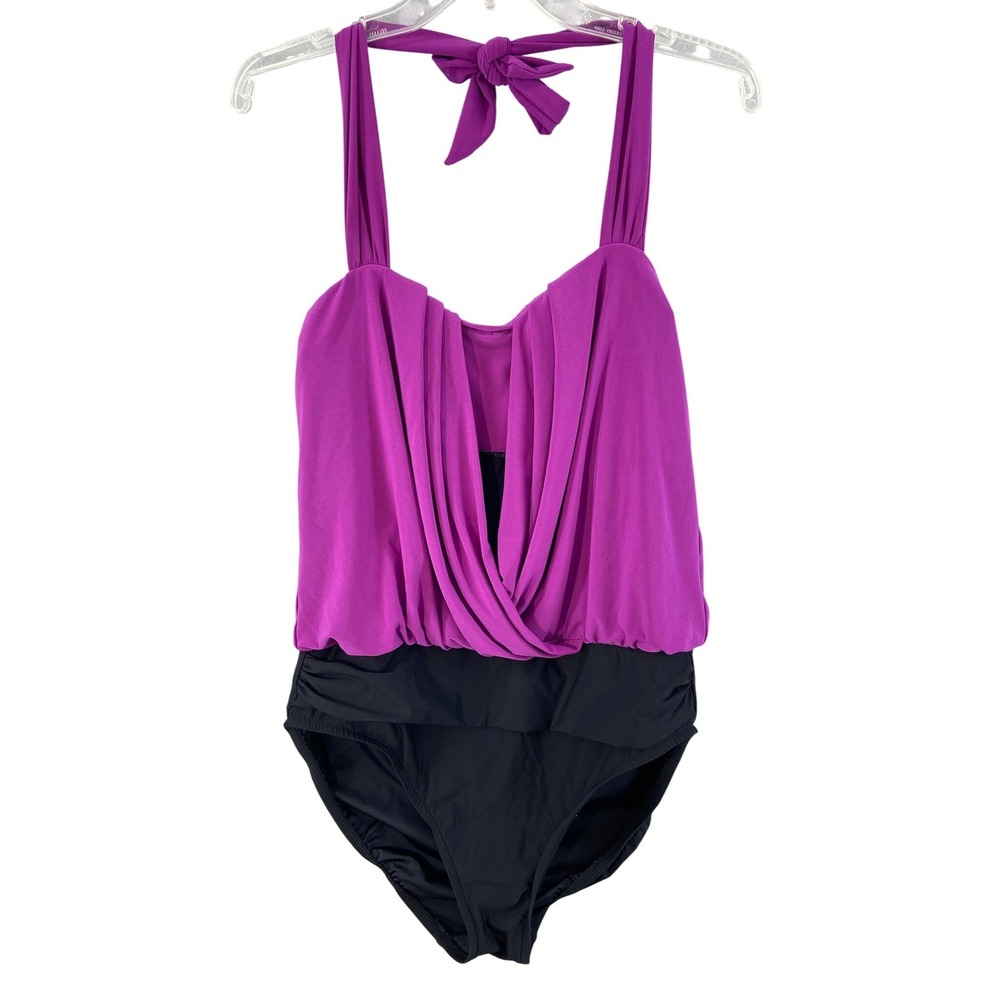 Magicsuit One Piece Swimsuit Womens 14 Purple Black Halter Blouson Slimming‎